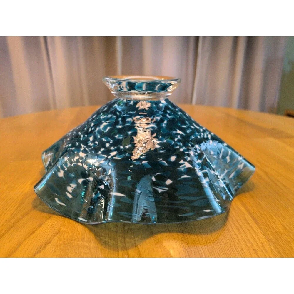 Vtg Blown Art Glass Blue White Confetti Floppy Bowl Handkerchief Ruffle 12